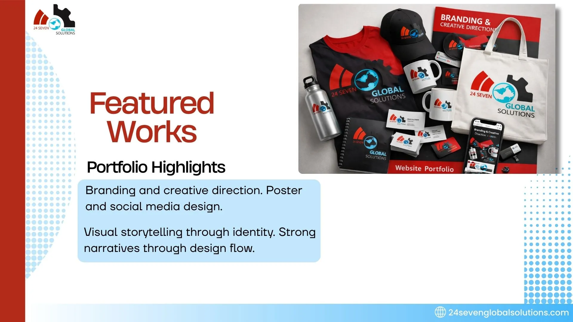 Featured graphic design works including branding and digital media projects